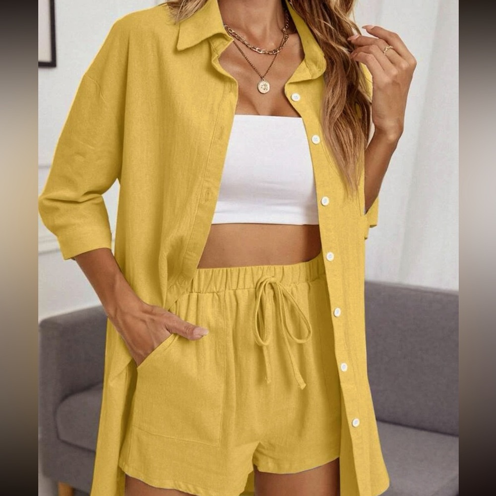 SHEIN Solid Drop Shoulder Shirt & Knot Front Shorts, Mustard Yellow - Sz 12 NWT